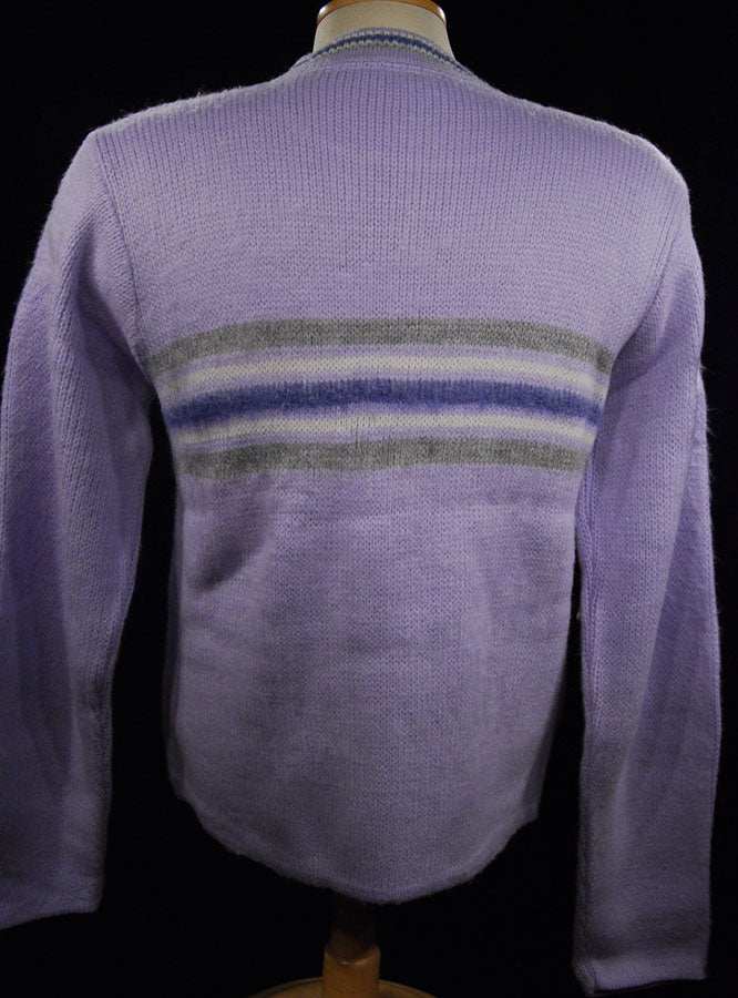 Girl's purple brushed acrylic crewneck pullover with horizontal stripes, medium size