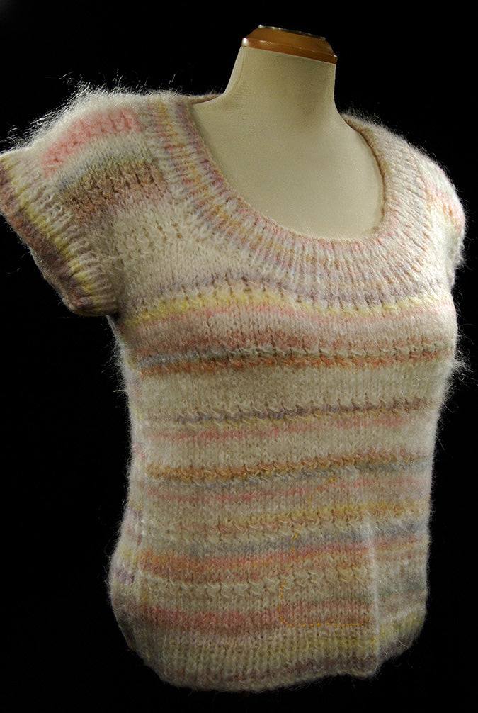 Woman's or girl's hand-knit sleeveless sweater vest with pastel horizontal stripes for spring and summer in size X-Small