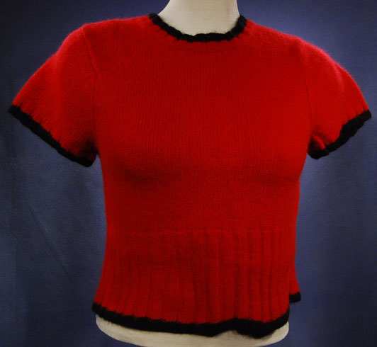 Teen girl's red short-sleeved angora cropped sweater with black trim by The Limited