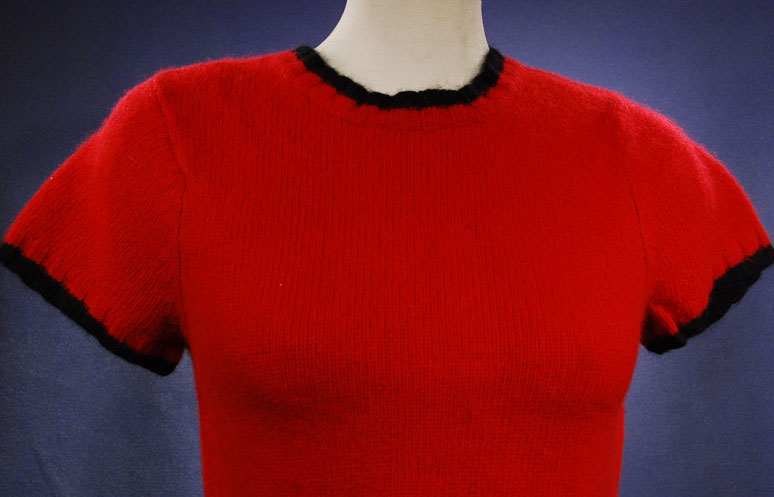Teen girl's red angora cropped short-sleeved sweater with black trim by The Limited