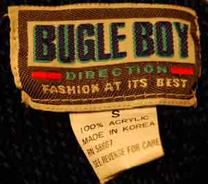 Men's Retro Bugle Boy royal blue acrylic crewneck sweater label close-up