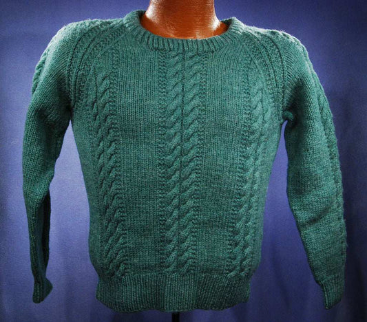 Child's green hand-knit wool crewneck sweater with cable knit design by Gabrielle Nadeau, size 35