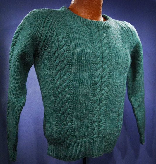 Child's green hand-knit wool crewneck sweater with cable knit pattern by Gabrielle Nadeau size 35