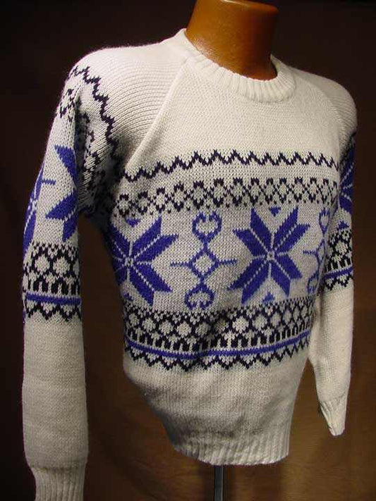 White men's snowflake retro crewneck sweater with blue design by Alfredo, medium size