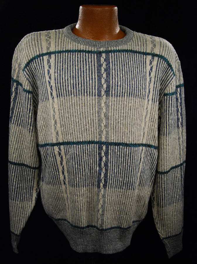 Men's retro grey cotton crewneck pullover sweater with white, green, and blue pattern by Jantzen