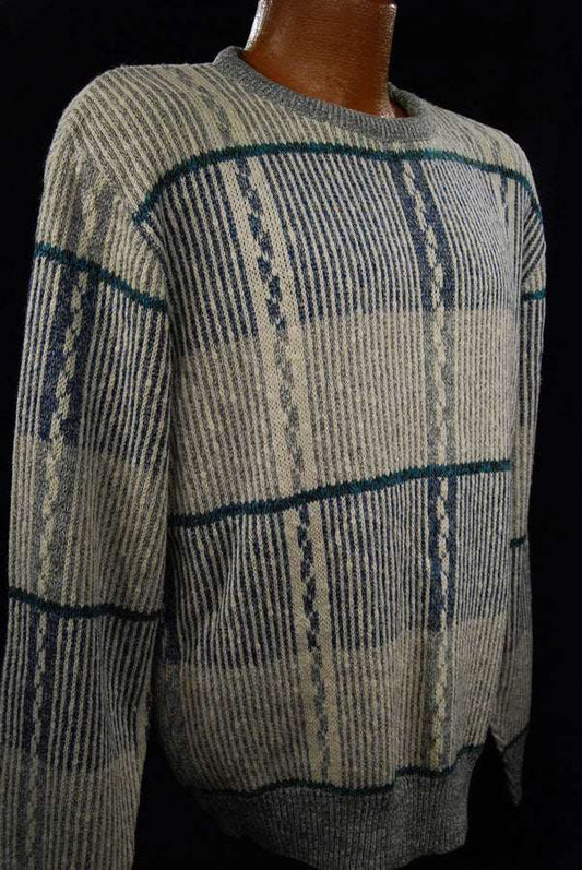 Men's grey cotton crewneck pullover sweater with white-green-blue design by Jantzen, medium size