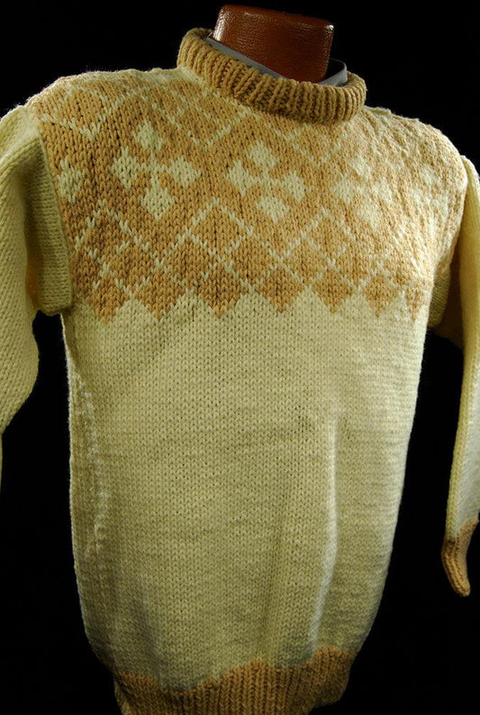 Child's yellow hand-knit wool-acrylic sweater with coffee colored neck and chest design