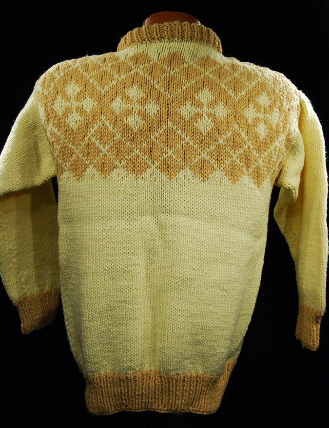 Child's yellow hand-knit wool-acrylic sweater with coffee neck and chest design