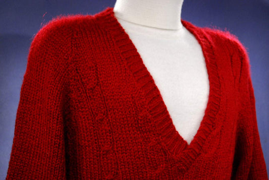 Unisex small deep red faux mohair acrylic V-neck sweater pullover
