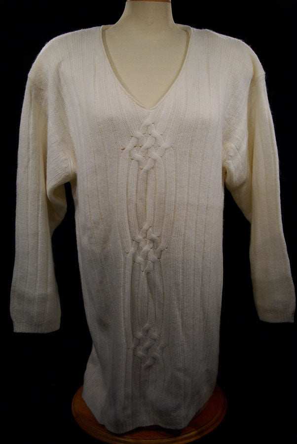Plus-sized white angora V-neck sweater with cable knit design by New York Studio