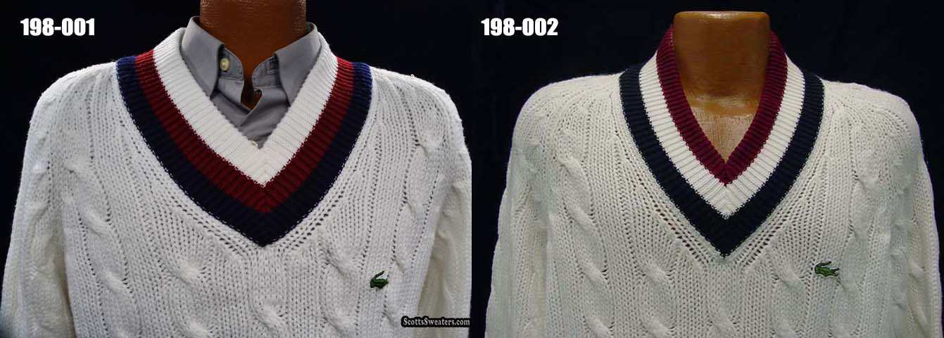 Men's classic retro Izod tennis sweaters with white cable knit and burgundy/navy adjacent or split striped V-necks.