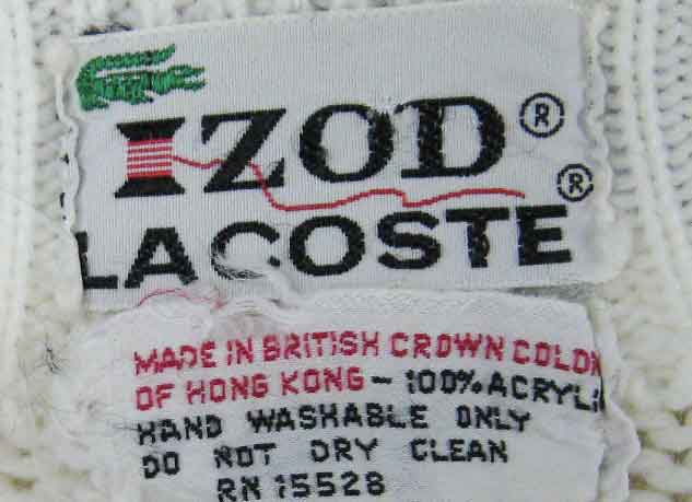 Men's Classic Retro Izod Lacoste tennis sweater label made in British Crown Colony of Hong Kong 100% acrylic care instructions