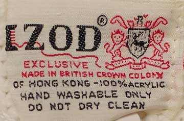 Men's Classic Retro Izod tennis sweater label showing fabric and care instructions