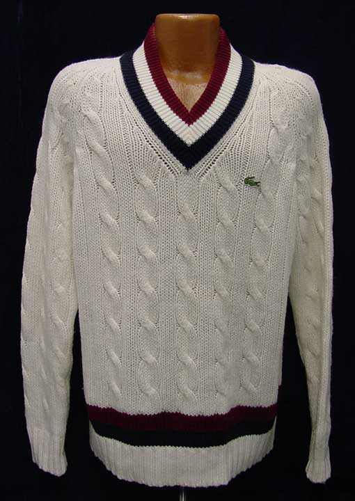 Men's classic retro Izod cable knit tennis sweater with burgundy and navy striped V-neck and Lacoste crocodile logo