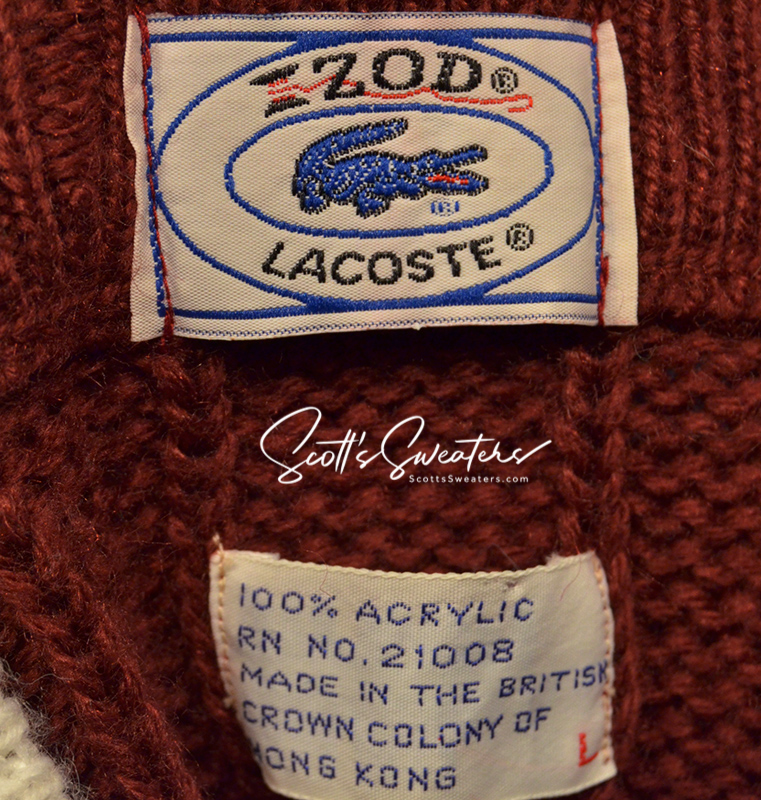Men's classic retro burgundy Izod Lacoste tennis sweater label with blue crocodile logo and acrylic fabric details