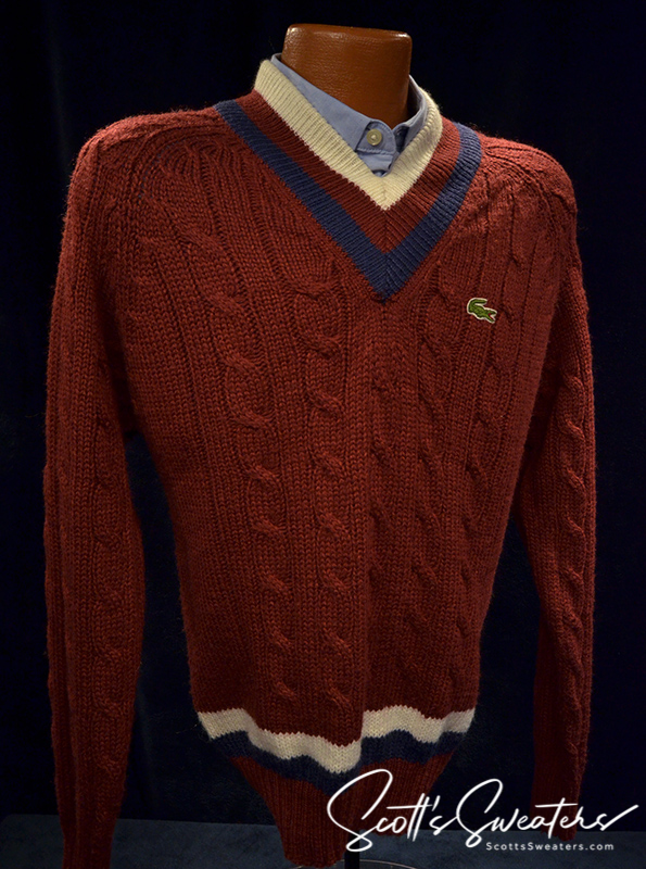 Men's classic retro burgundy Izod cable-knit tennis sweater with blue and ivory striped V-neck and Lacoste crocodile logo