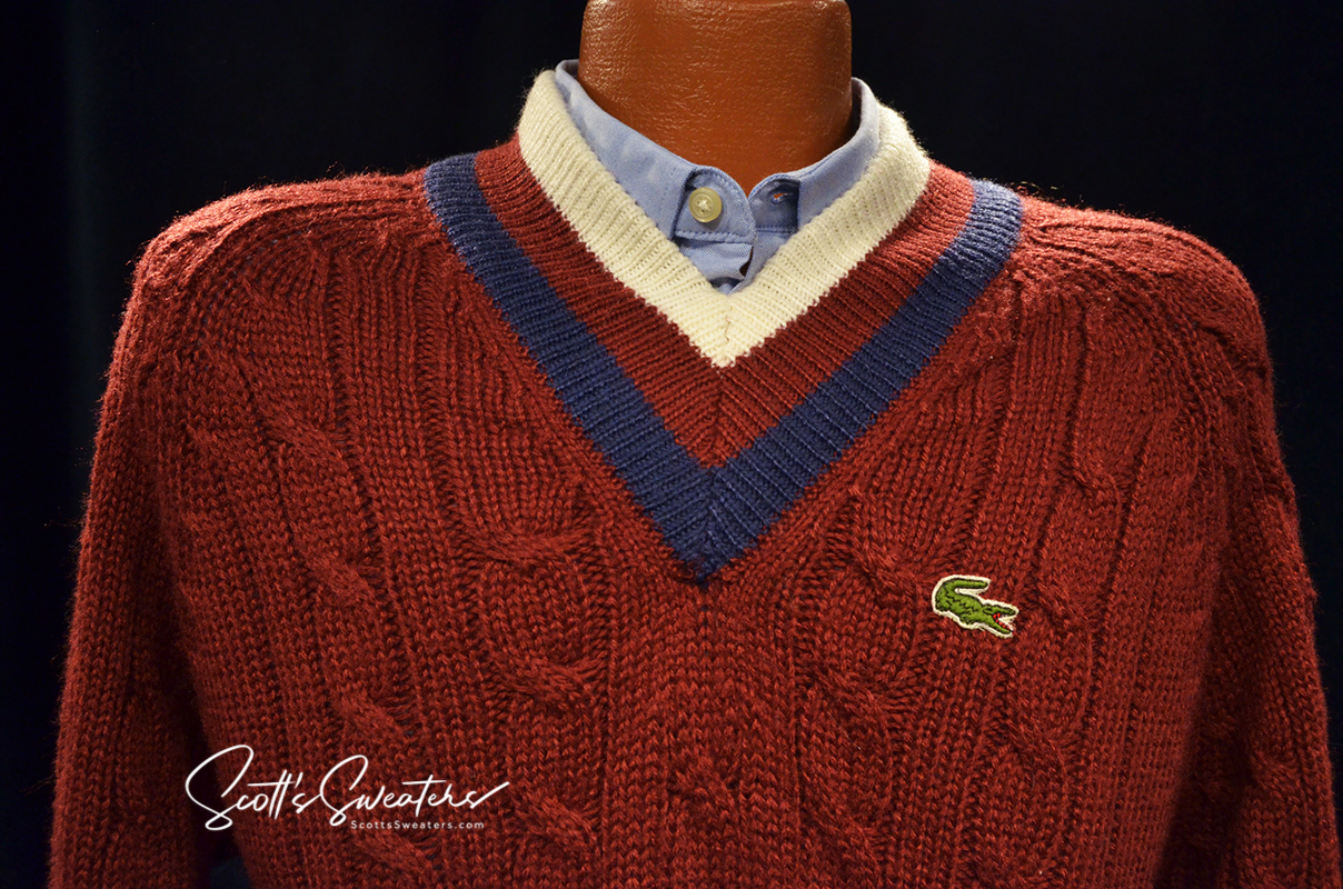 Men's classic retro burgundy Izod tennis sweater with blue and ivory striped V-neck and embroidered crocodile logo