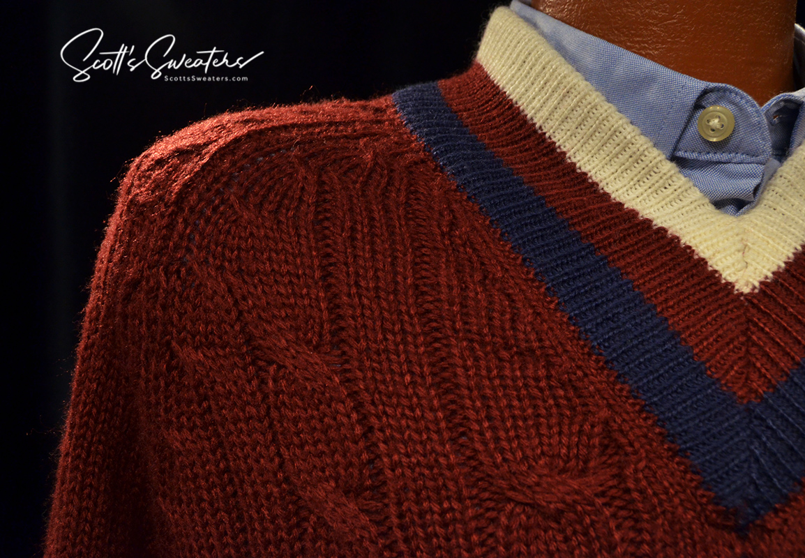 Men's classic retro burgundy Izod tennis sweater with blue and ivory neckband stripes