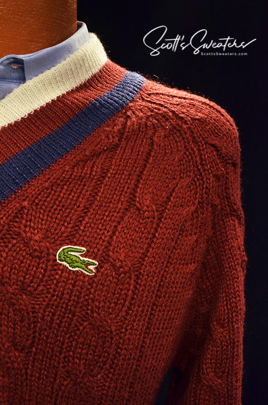 Men's Classic Retro burgundy Izod cable knit tennis sweater with blue and ivory striped neckband and Lacoste crocodile logo