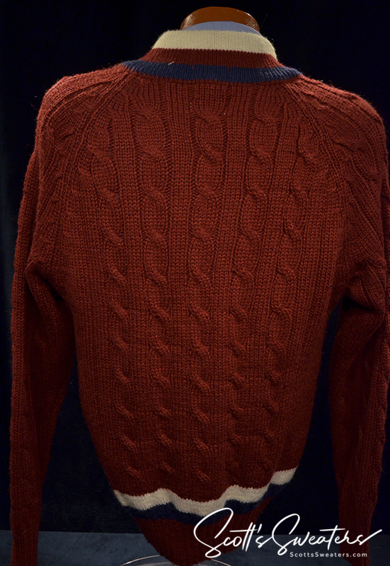 Men's classic retro burgundy cable knit Izod tennis sweater with blue and ivory neckband stripes