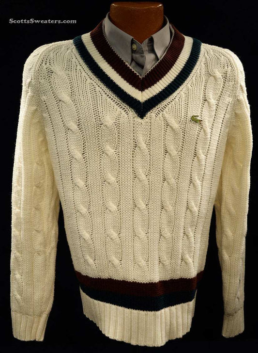Men's Classic Retro Izod Tennis Sweaters Burgundy/Dark-Green Stripes