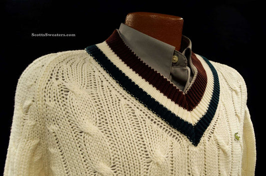Men's Classic Retro Izod Tennis Sweaters Burgundy/Dark-Green Stripes
