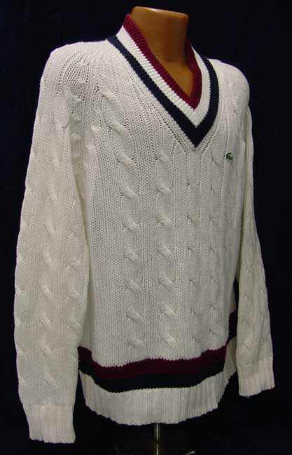 Men's Classic Retro Izod white cable knit tennis sweater with burgundy and navy striped V-neck and waistband