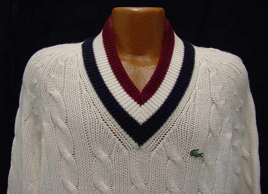 Men's classic retro Izod white cable knit tennis sweater with burgundy and navy striped V-neck collar and Lacoste crocodile logo