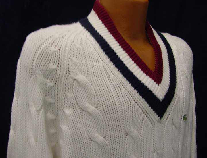 Men's Classic Retro Izod white cable knit tennis sweater with burgundy and navy striped V-neck collar