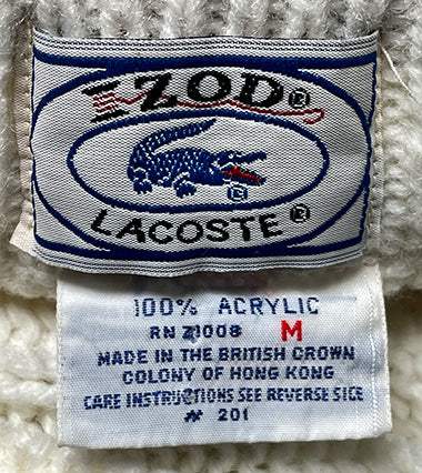 Men's classic retro Izod Lacoste cardigan tennis sweater label with striped trim and size medium tag
