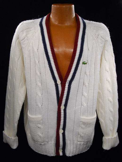 Men's classic retro Izod white cardigan sweater with red and navy striped trim and Lacoste crocodile logo