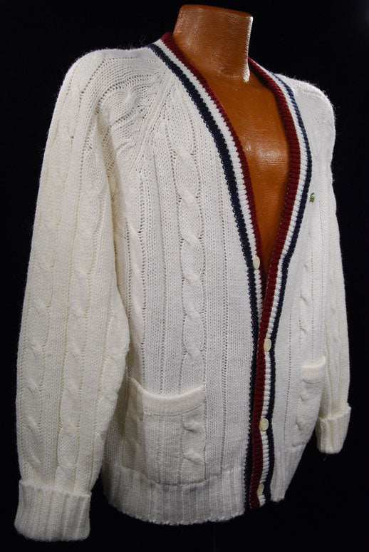 Men's classic retro Izod cable knit cardigan tennis sweater with striped trim and front pockets