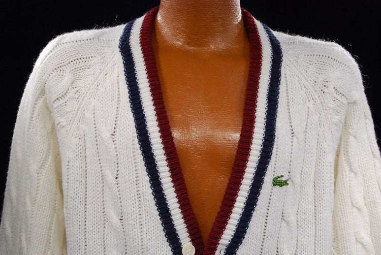 Men's classic retro Izod cardigan tennis sweater with striped trim and crocodile logo in white cable knit