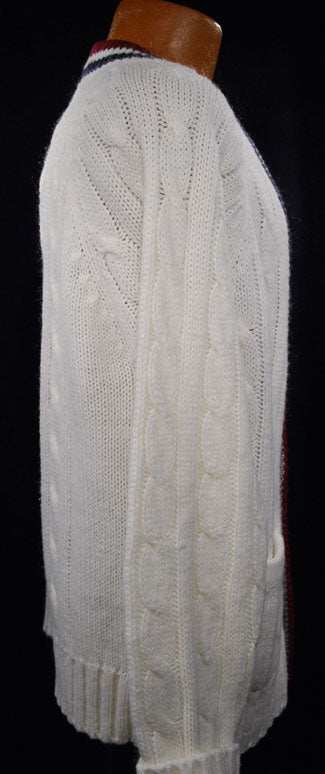 Men's classic retro Izod cardigan tennis sweater with white cable knit and striped trim