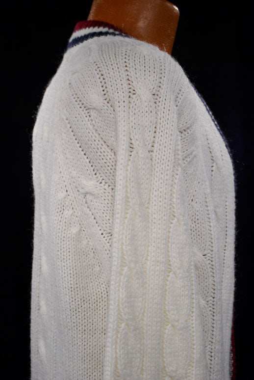 Men's classic retro Izod white cable knit cardigan tennis sweater with striped trim