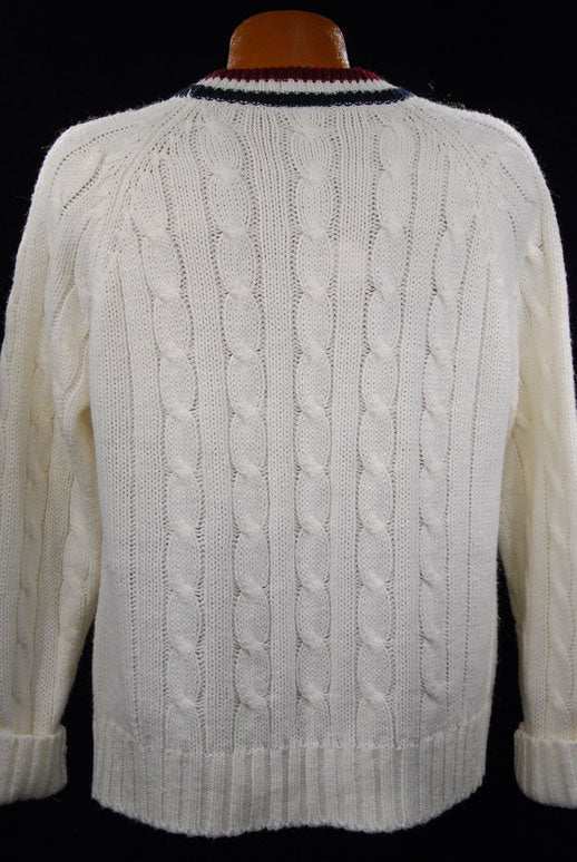 Men's classic retro Izod white cable knit cardigan sweater with striped trim back view