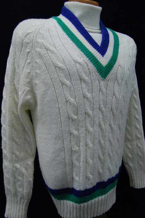 Men's classic retro Izod tennis sweater with blue and green stripes and cable knit design