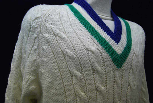 Men's classic retro Izod cable knit tennis sweater with blue and green stripes on collar