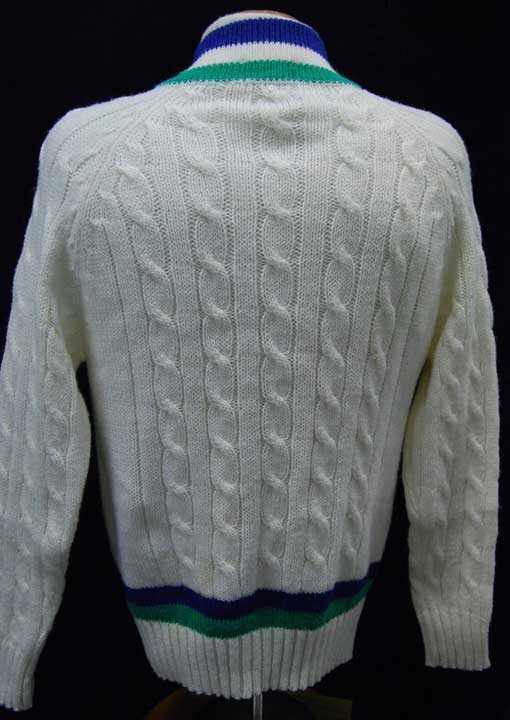 Men's classic retro Izod tennis sweater with blue and green stripes and cable knit design