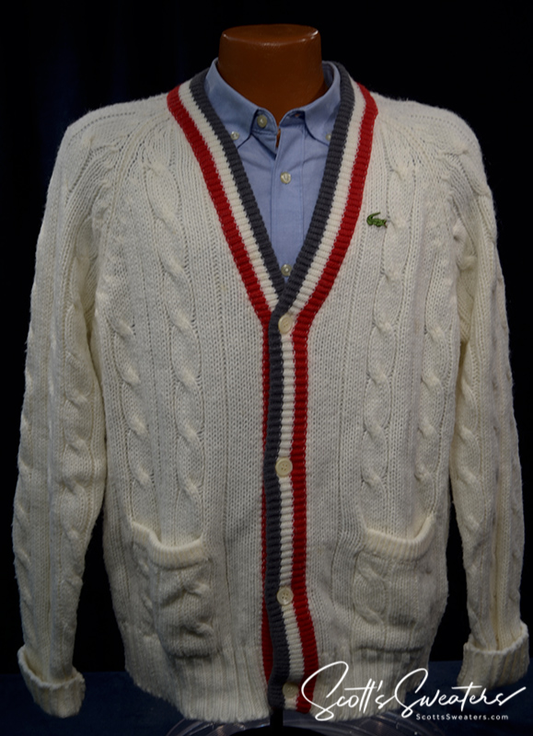 Men's Classic Retro Izod Lacoste cardigan sweater with striped trim and crocodile logo