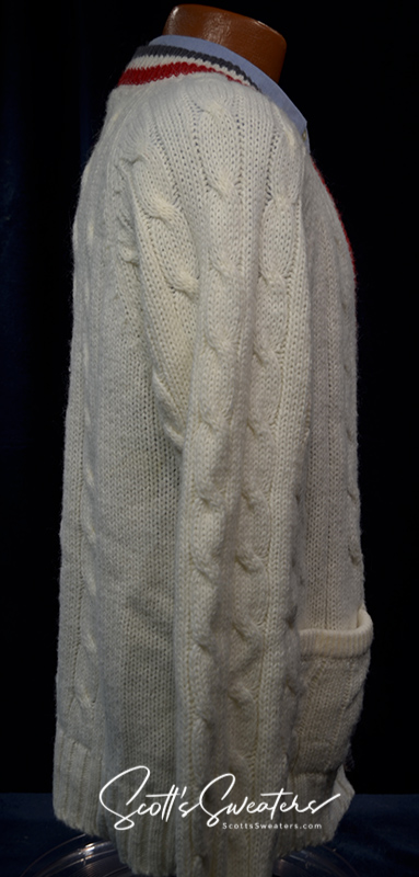 Men's classic retro Izod white cable knit cardigan tennis sweater with striped trim and pocket detail