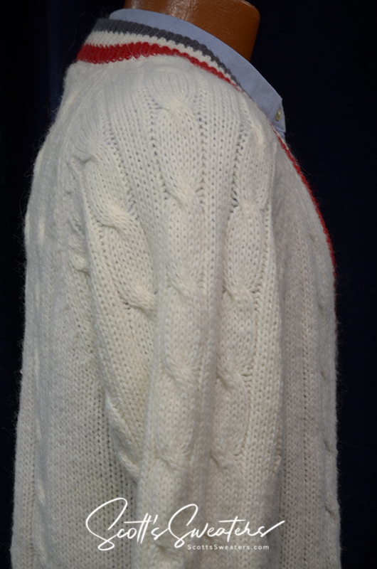 Men's classic retro Izod white cable knit cardigan sweater with red and navy striped trim