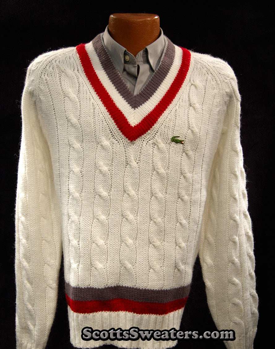 Men's classic retro Izod tennis sweater in white cable knit with grey and red V-neck and hem stripes and Lacoste crocodile logo