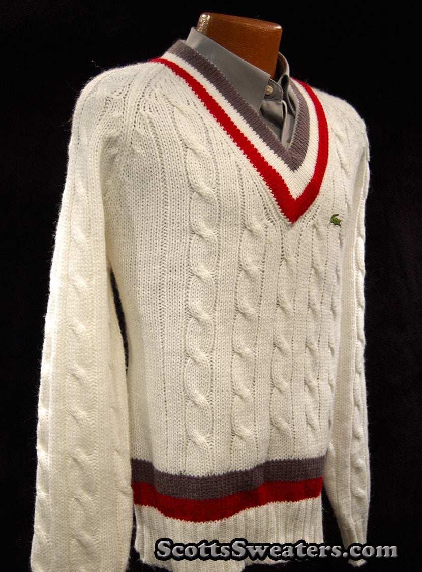 Men's classic retro Izod Lacoste tennis sweater in white with grey and red stripes and cable knit design