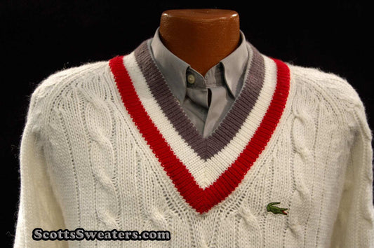 Men's classic retro Izod tennis sweater in white with grey and red striped V-neck and Izod Lacoste crocodile logo