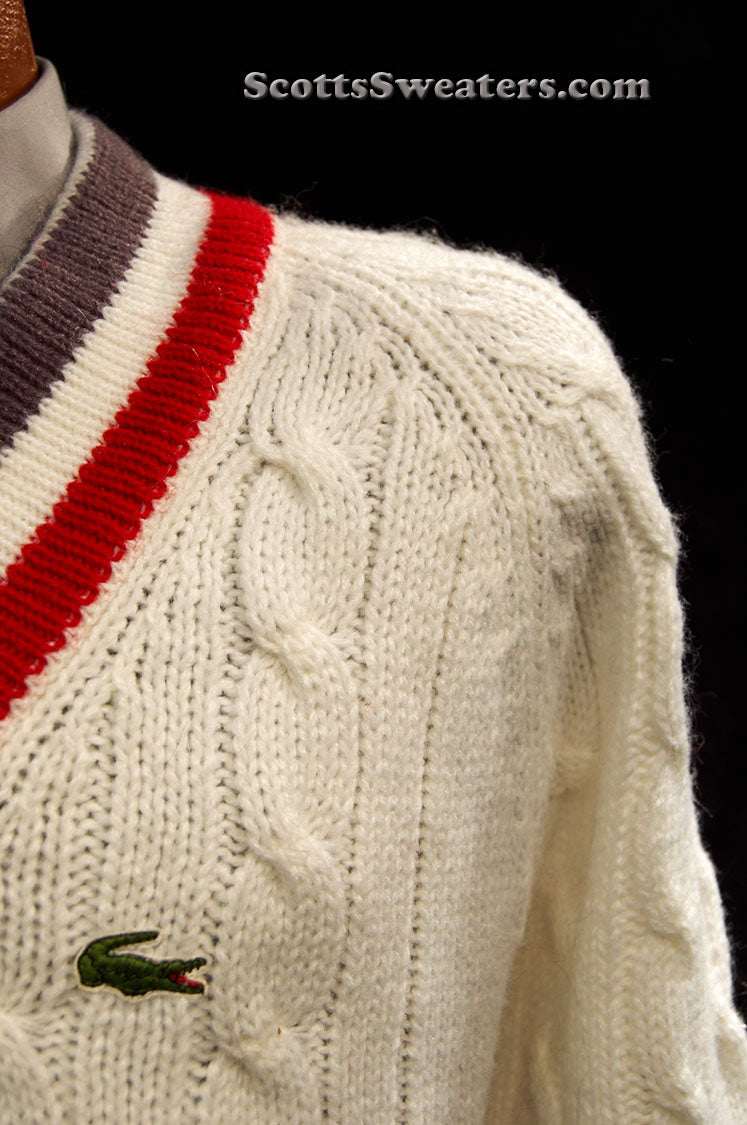 Men's classic retro Izod Lacoste cable knit tennis sweater with grey and red stripes
