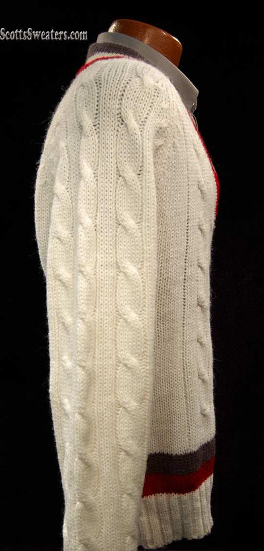 Men's vintage Izod tennis sweater in cream with grey and red stripe trim
