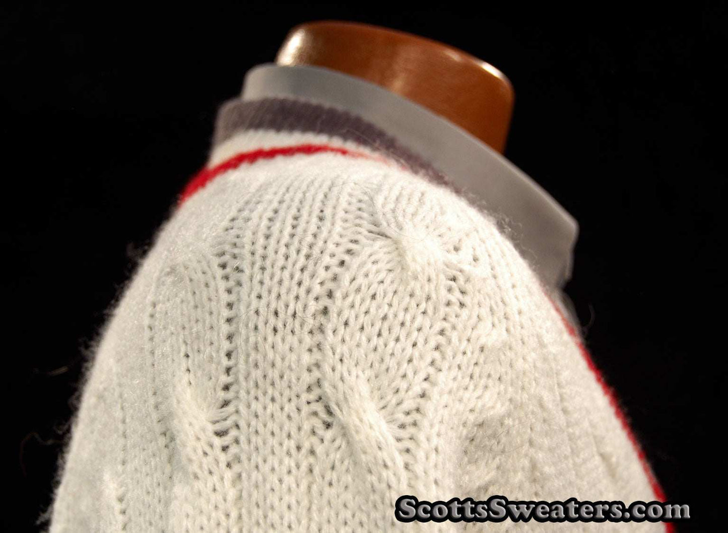 Men's classic retro Izod tennis sweater in white knit with grey and red striped collar trim