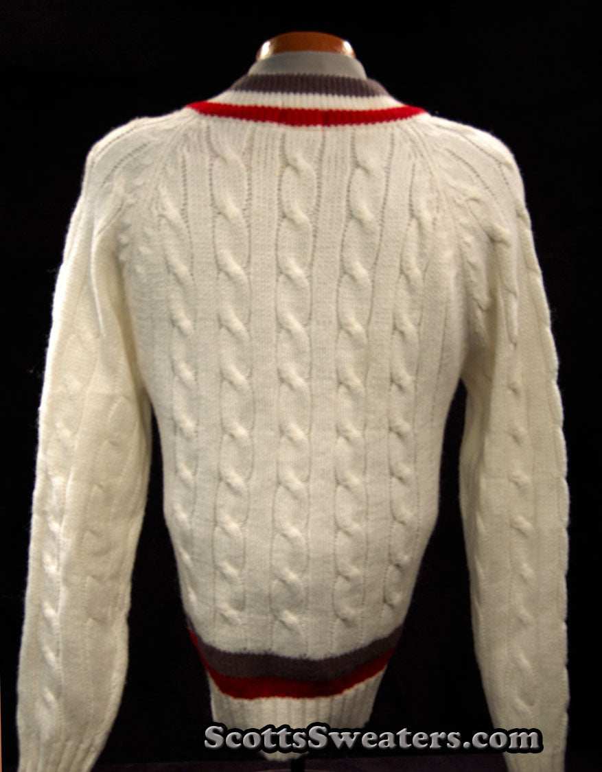 Men's classic retro Izod tennis sweater in white with grey and red trim stripes