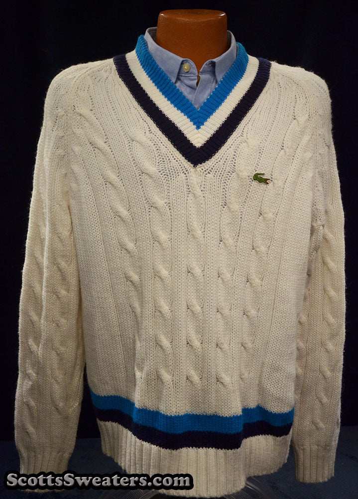 Men's retro cable-knit Izod Lacoste tennis sweater with black and blue stripes
